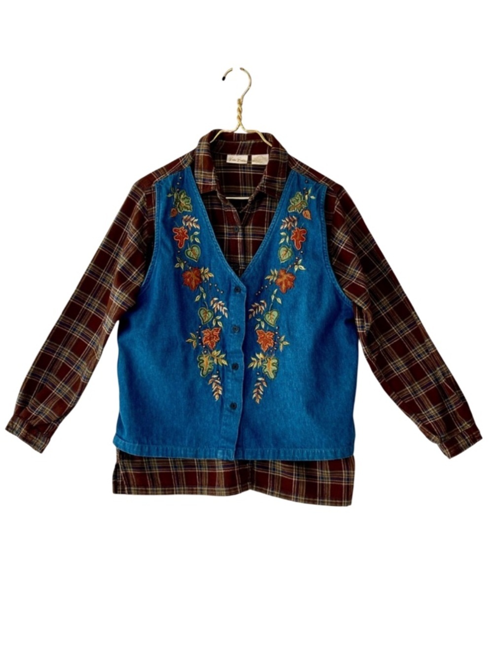 Bobbie Brooks Plaid Shirt with Embroidered Denim Vest Overlay Size S